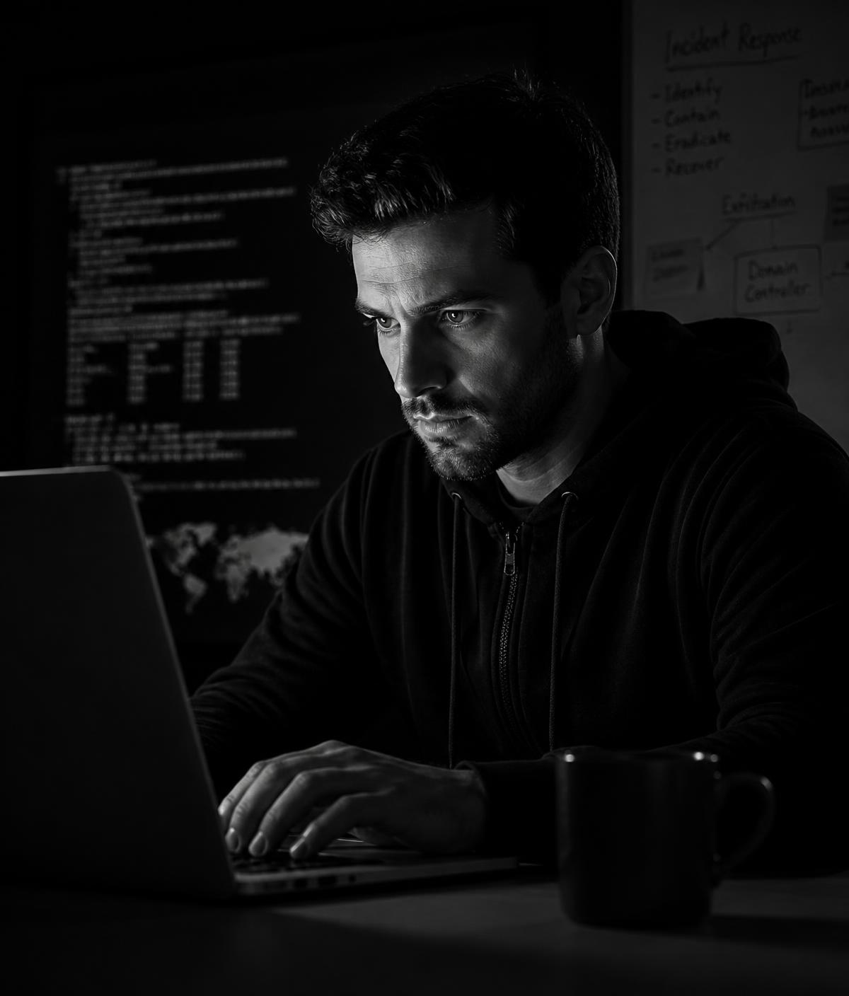Analista de seguridad revisando alertas de ransomware en su computador, fotografía en blanco y negro